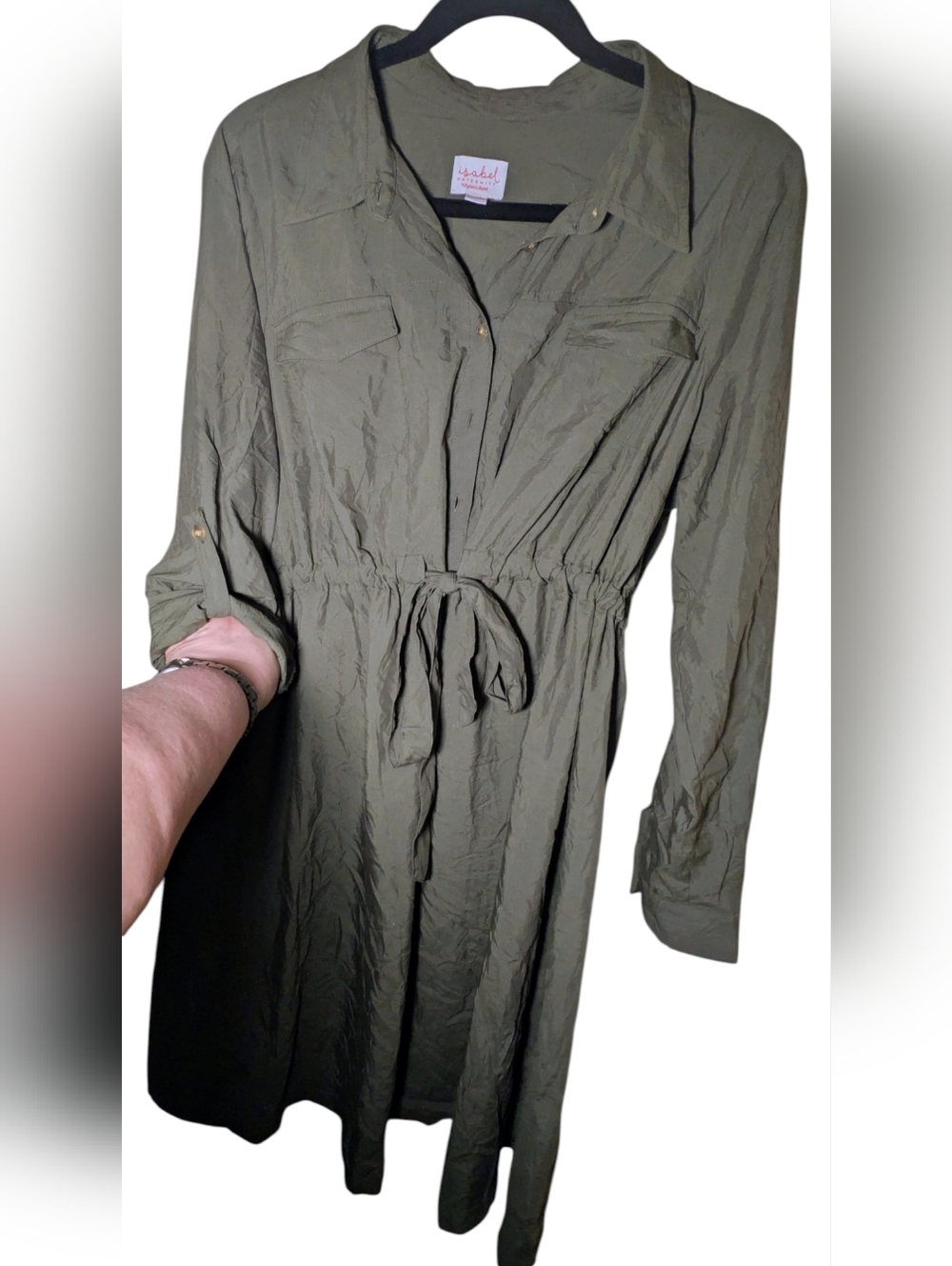 EUC Isabel Maternity Olive Green Roll-Tab Sleeve Midi Shirt Dress XXL - Picture 2 of 6